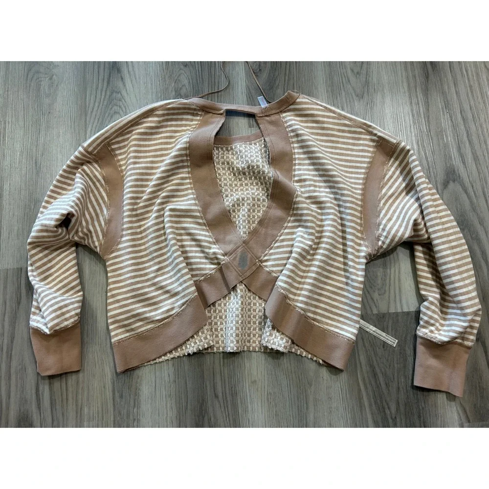 Free People Movement Love Tank Pullover Sandy Tan Waffle Stripe Reversible L NEW